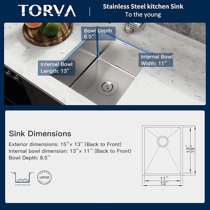 TORVA 13 x 15 Inch Undermount Kitchen Sink, Premium 304 Stainless Steel Bar Sink - Image 4