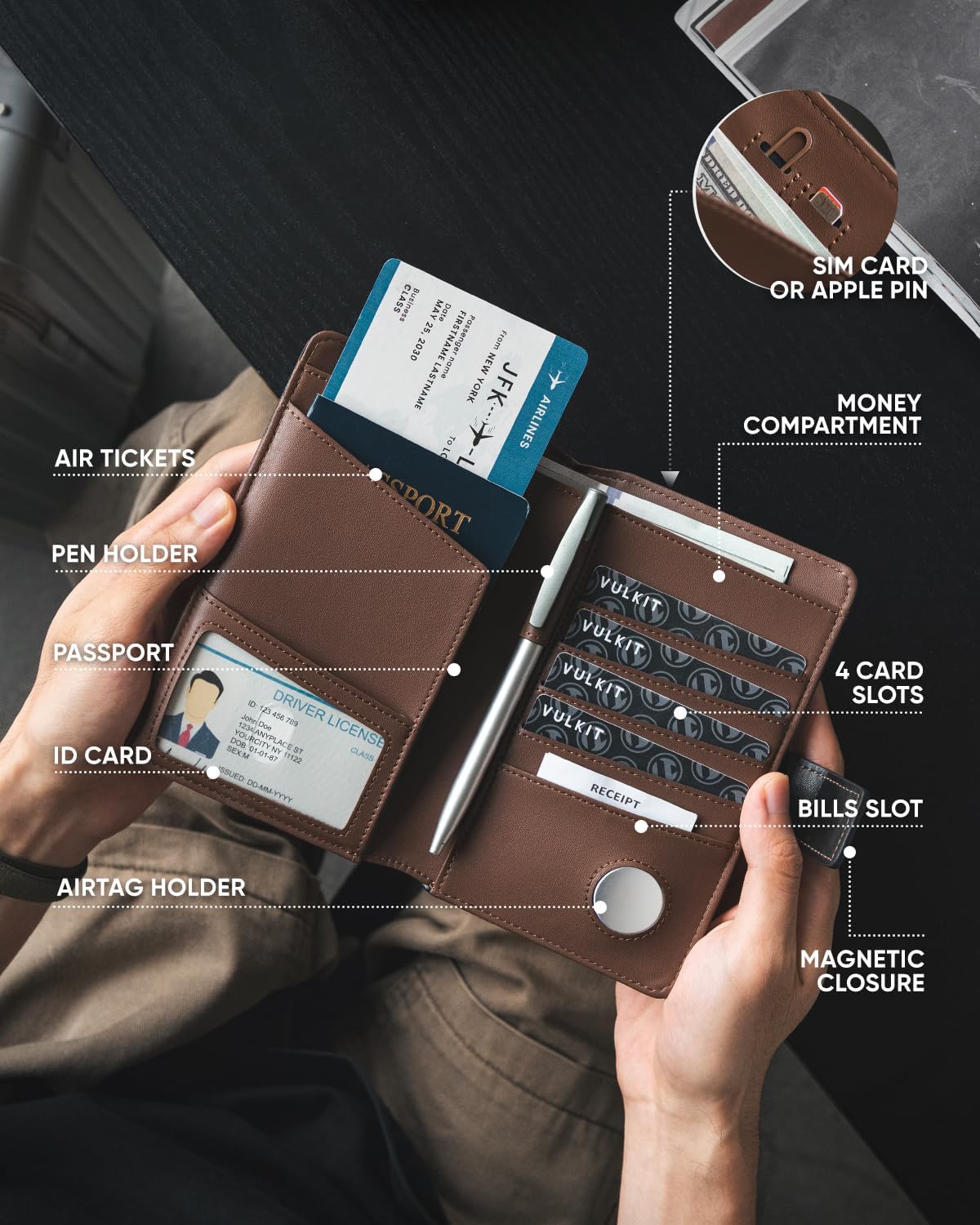 VULKIT Passport Holder with Airtag Holder RFID Blocking Passport Wallet Travel Leather Passport for Women(Black Brown)