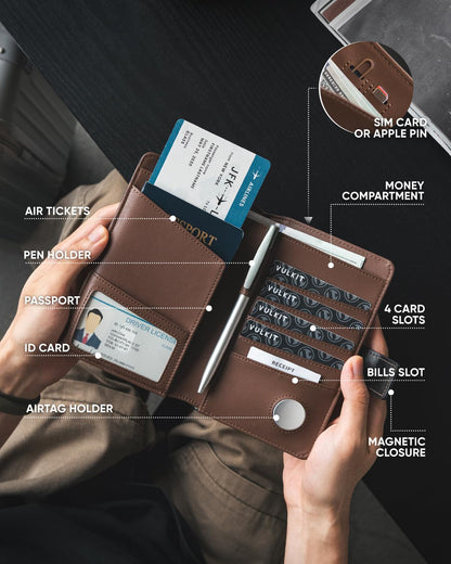 VULKIT Passport Holder with Airtag Holder RFID Blocking Passport Wallet Travel Leather Passport for Women(Black Brown)