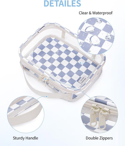 Narwey TSA Approved Clear Toiletry Bag for Travel, Waterproof PVC Clear Makeup Bags Portable Compact Cosmetic Bag Make Up Organizer Airport Airline Quart Size Compliant Bag (Grayish Blue Checkerboard)