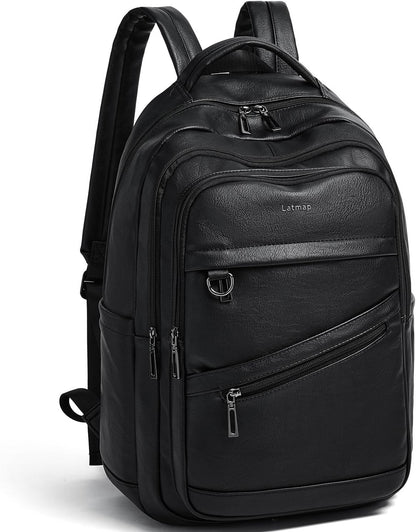 43L Backpack for Women Men - Vegan Leather Backpack Purse Travel Carry-on Bag College Bookbag Work fits 17" Laptop, Black