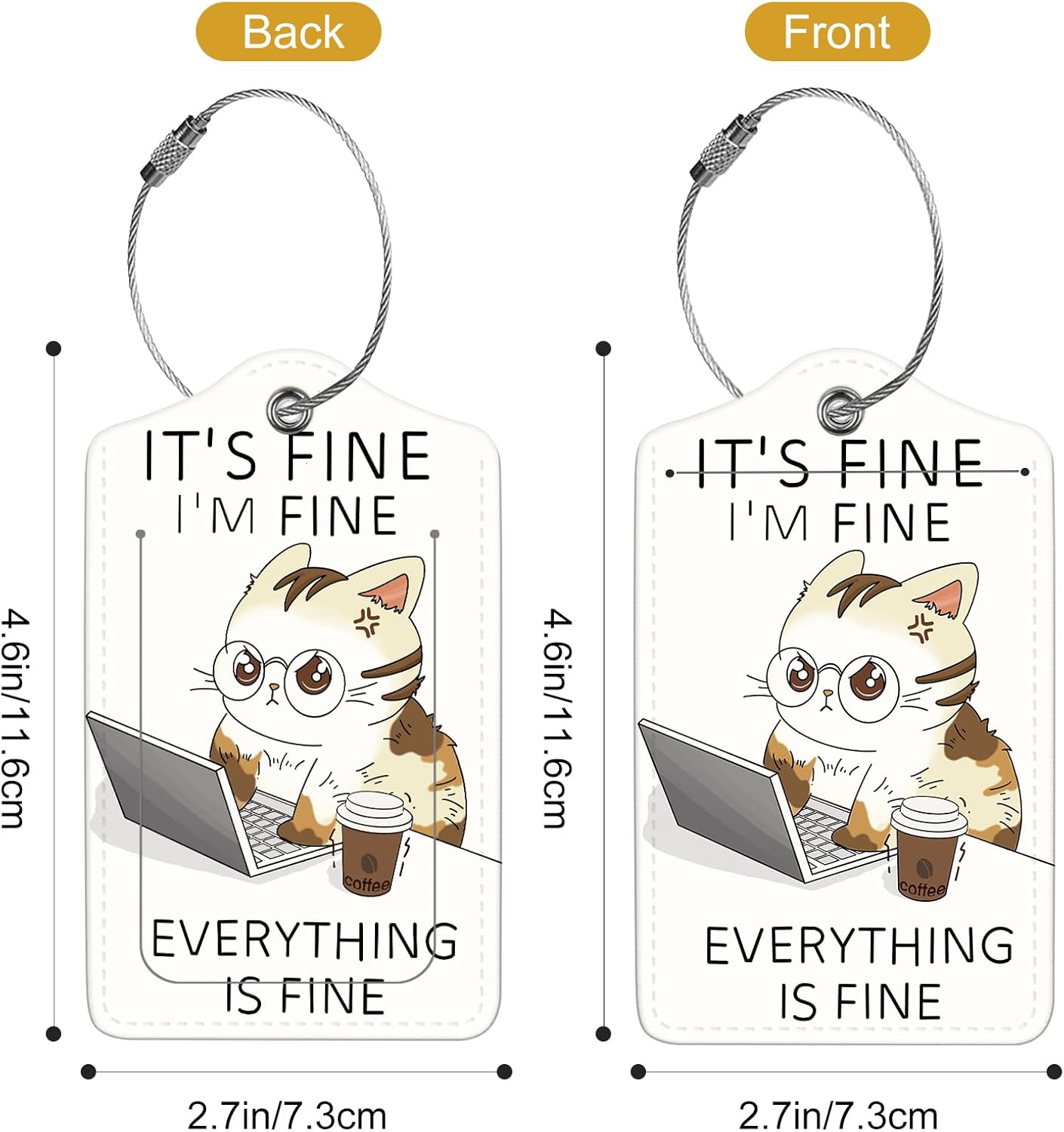 2Pack Luggage Tags for Suitcases, Cute Unique Pu Leather Cruise Luggage Tag with Privacy Cover ID Label Address Card and Metal Ring Suitable for Women Men Kids Girls Travel Bag Tag Angry Cat