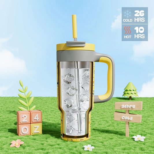 24 oz Stainless Steel Cup with Handle for Preschooler: BPA-Free, Lid with Straw, Easy to Clean, Car Cupholder Friendly, Insulated Tumbler for Playtime, Sports, Summer Camp, Vacation, Gift (Dig It Up)