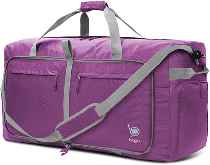 Bago Large Foldable Duffel Bags for Traveling Women & Men - 120L Packable Duffle Bag for Travel with Shoe Compartment - Water Repellant, Heavy Duty, Lightweight Folding & Collapsible (Purple)