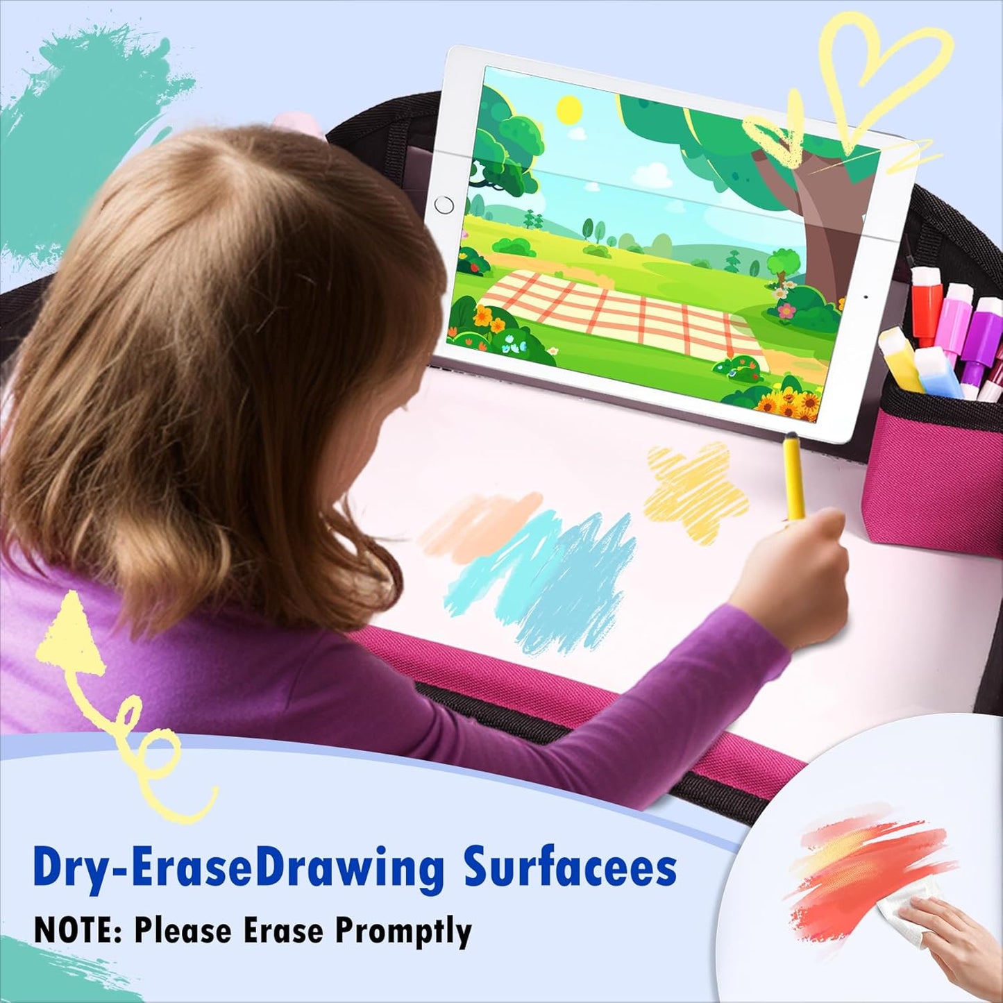 Kids Travel Tray for Airplane - Toddler Car Seat Table Tray, Road Trip Essentials for Boys & Girls, Carseat Lap Desk for Kids Road Trip Activities (Pink)