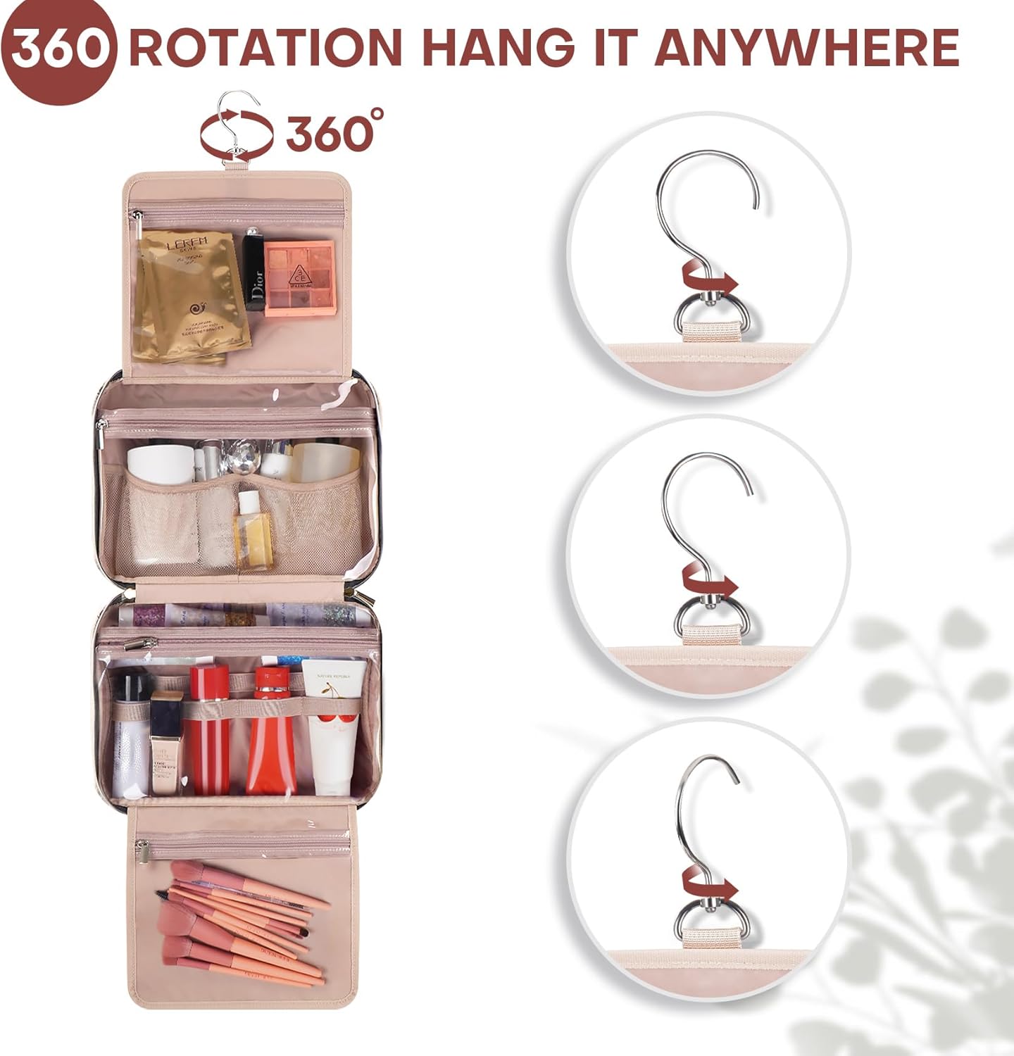 Hanging Toiletry Bag for Women Travel, 2 Sizes Large & Small Waterproof Cosmetic Organizer with 4 Compartments, Rotating Hook, Foldable Pink Travel Bag for Toiletries & Makeup Red Sandalwood