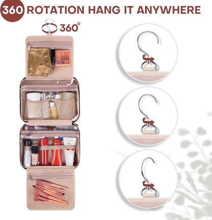 Hanging Toiletry Bag for Women Travel, 2 Sizes Large & Small Waterproof Cosmetic Organizer with 4 Compartments, Rotating Hook, Foldable Pink Travel Bag for Toiletries & Makeup Red Sandalwood