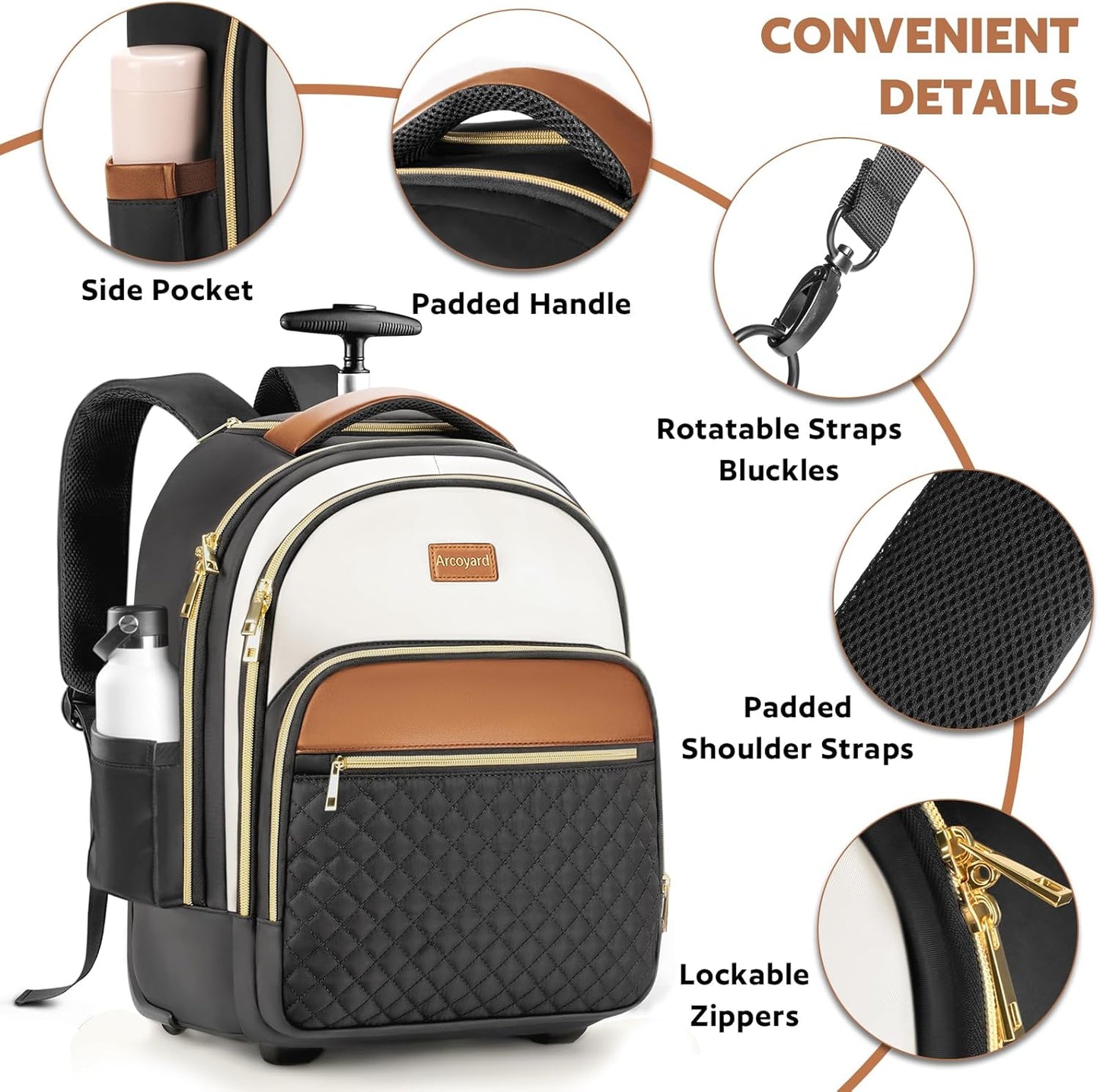 Small Rolling Backpack for Women, Lightweight Travel Backpack with Wheels, Roller Backpacks for Adults, Water Resistant Rolling Laptop Bag, Wheeled Underseat Carry On Luggage, Beige Brown