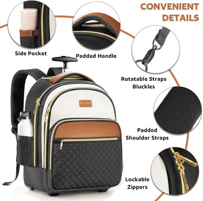 Small Rolling Backpack for Women, Lightweight Travel Backpack with Wheels, Roller Backpacks for Adults, Water Resistant Rolling Laptop Bag, Wheeled Underseat Carry On Luggage, Beige Brown