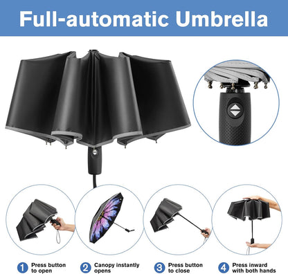 G4Free 42 Inch Eco Windproof Folding Umbrella for Rain & Sun 9 Ribs Wind Resistant Strong Fiberglass Double Canopy with Reflective Strip for Women Men Auto Open Close For Car & Backpack
