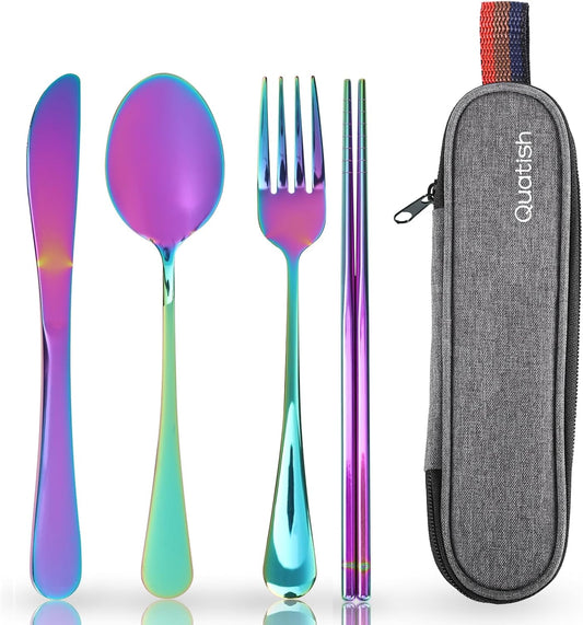 Travel Utensils with Case, Quatish Portable Silverware Set for Work, Stainless Steel Reusable Travel Cutlery Set, Fork and Spoon Set for Camping, Picnic, Gadgets, Lunch Box for Men, Rainbow