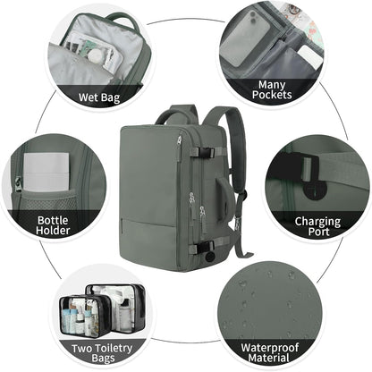 Hanples Women's Large 17.3 Inch Laptop Backpack, Olive Green, Waterproof, Suitable for Air Travel