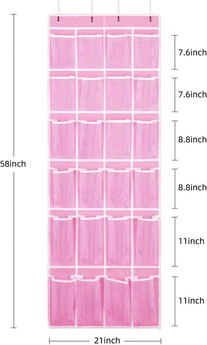 Hanging Shoe Organizer, Over The Door Shoe Organizer with 24 Breathable Mesh Pockets for Men Women Kids Hanging Shoe Storage Rack Organizer Size:58x21 Inch（Pink）