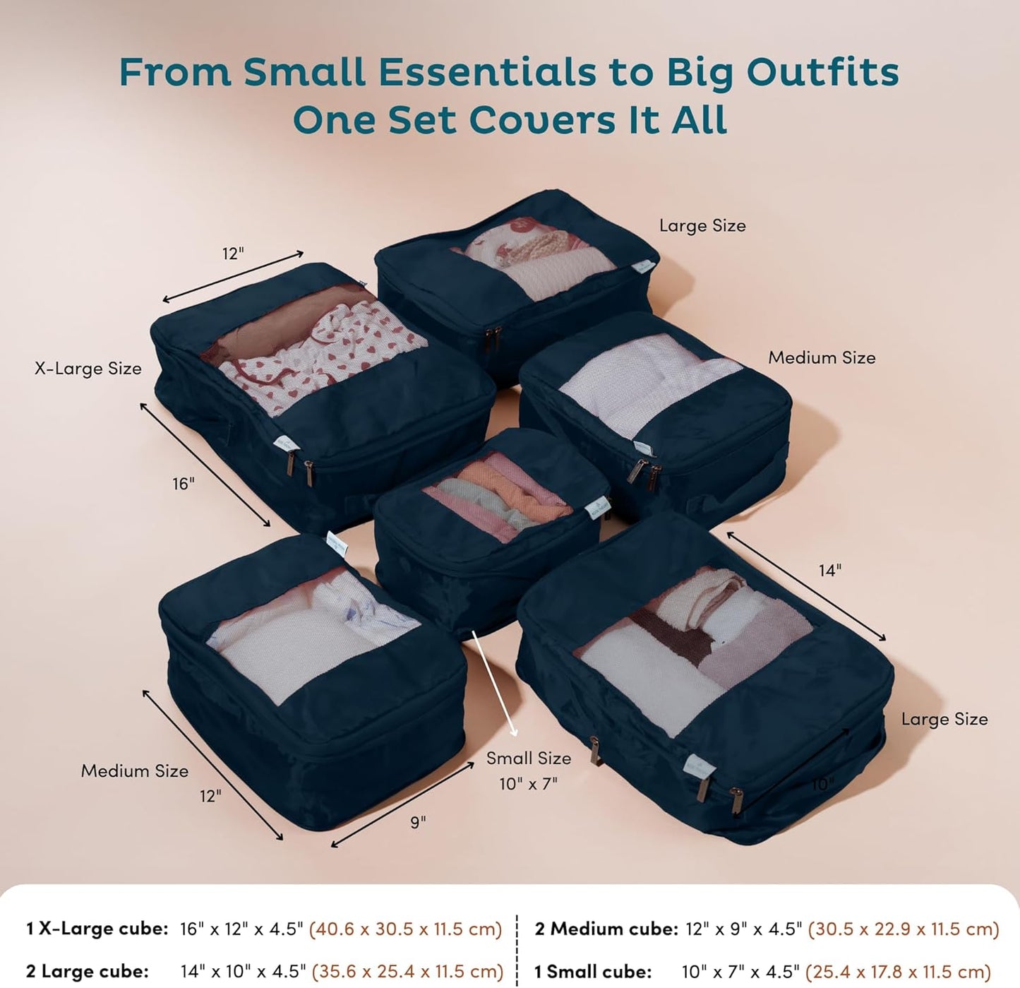 6-Pack Compression Packing Cubes Travel Essentials - Lightweight, Water-Resistant Luggage Organizer Bags with Handles, Durable Travel Accessories Suitcase Organizer (Inkblue)