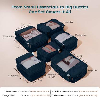 6-Pack Compression Packing Cubes Travel Essentials - Lightweight, Water-Resistant Luggage Organizer Bags with Handles, Durable Travel Accessories Suitcase Organizer (Inkblue)