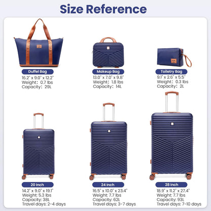 Hoteel 6 Piece Luggage Set (4-YEAR WARRANTY) Carry on ABS+PC Hard Shell Suitcase with Spinner Wheels & TSA Lock (Dark Blue)