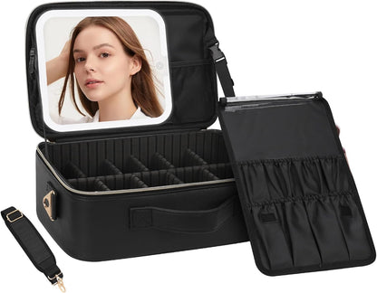Chomeiu Makeup Bag with LED Mirror, Travel Cosmetic Train Case for Women, Makeup Artists Large Organizer Box with Vanity Light Up Mirror, 3 Color Lights, Adjustable Dividers & Shoulder Strap (Black)