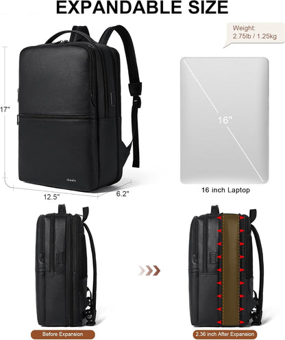 Vegan Leather Laptop Backpack for Women&Men,16 Inch Expandable Backpack with USB Charging Port,Two-toned Black
