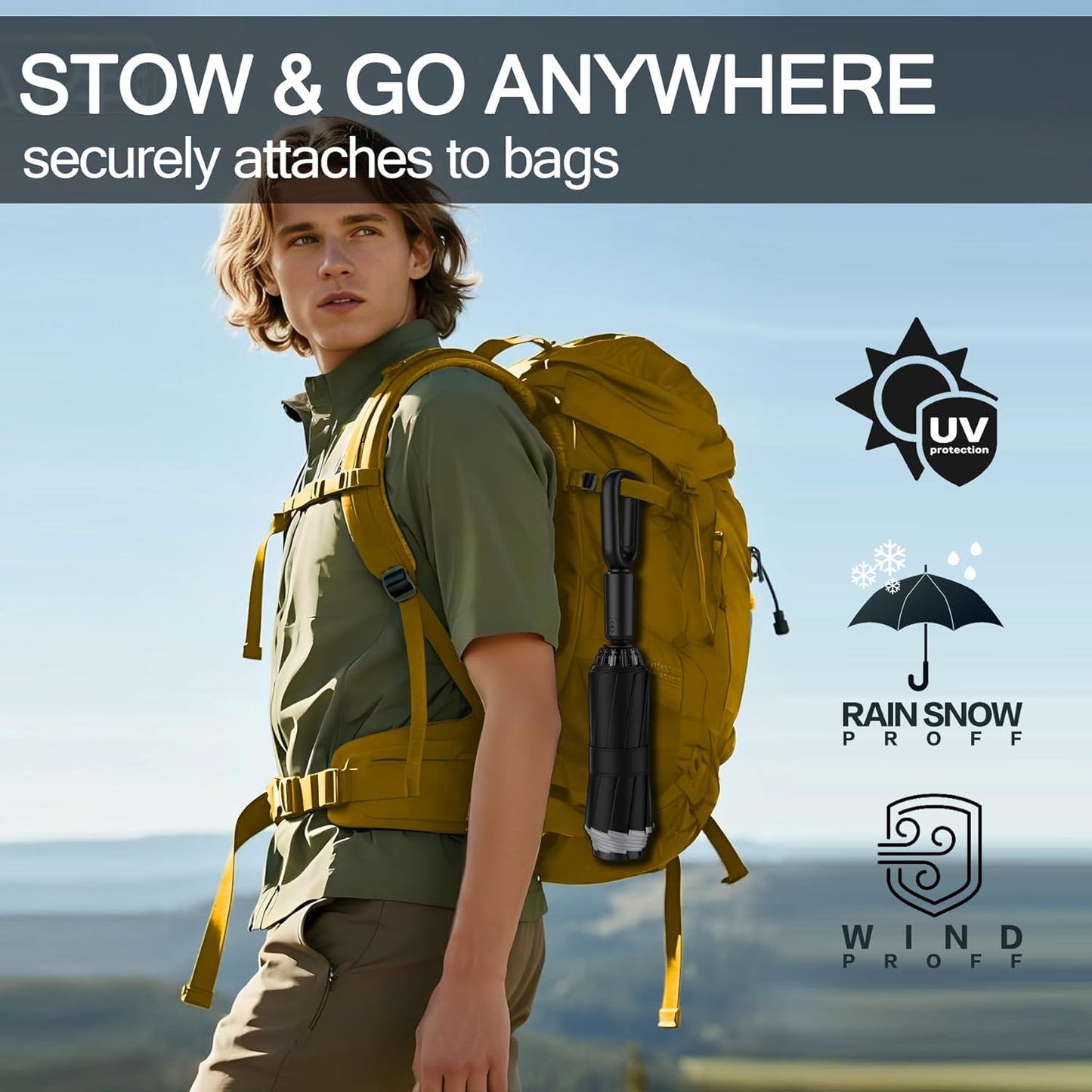 Auto Open Close Umbrella - Ultra Light Compact Travel & Backpack Size for Women and Men, UPF 50+ Eco-Friendly Sun Protection & Windproof Rain Umbrella with UV Defense