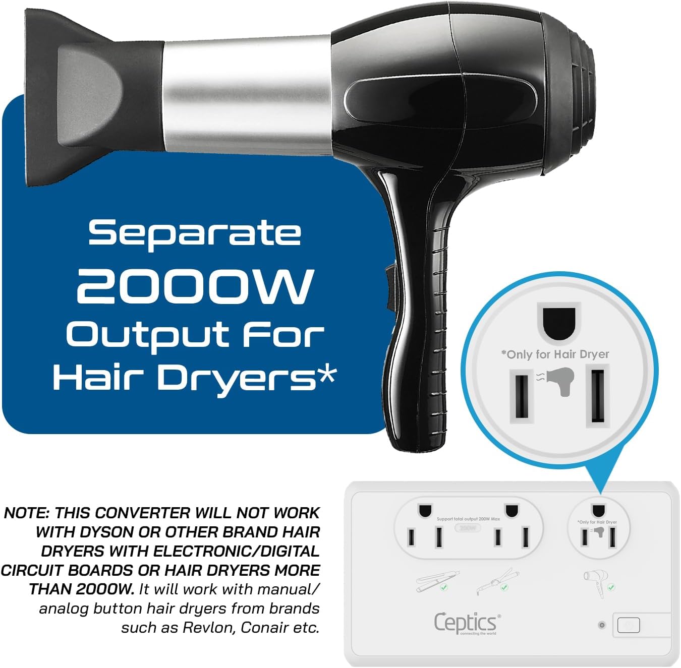 Ceptics Voltage Converter for Travel, 220V to 110V Converter w/Type C, E/F, G, I Plugs, 2000W Outlet for Hair Dryers, 4 USB w/ 1 USB-C PD 18W Fast Charge, for Curling Iron, Straightener, Chargers