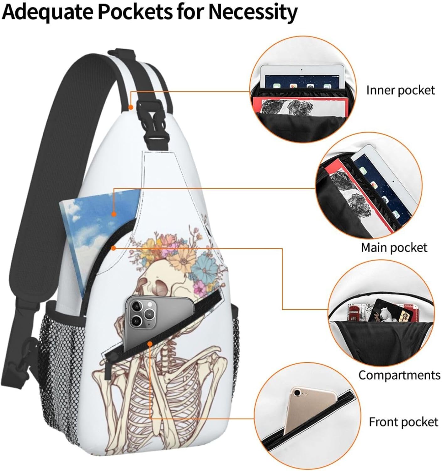SUPLUCHOM Sling Bag Skeleton Flower Skull Hiking Daypack Crossbody Shoulder Backpack Travel Chest Pack for Men Women
