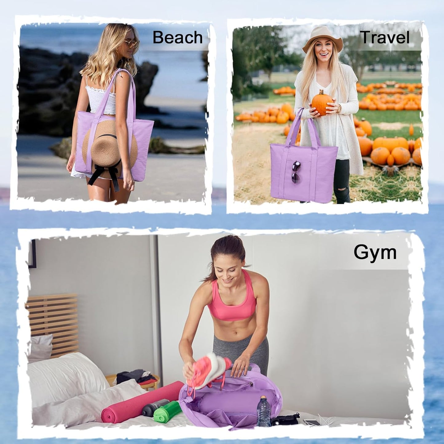 LEDAOU Beach Bags for Women, Beach Bags Waterproof Sandproof, Packable Beach Tote Bag with Zipper Travel Sports