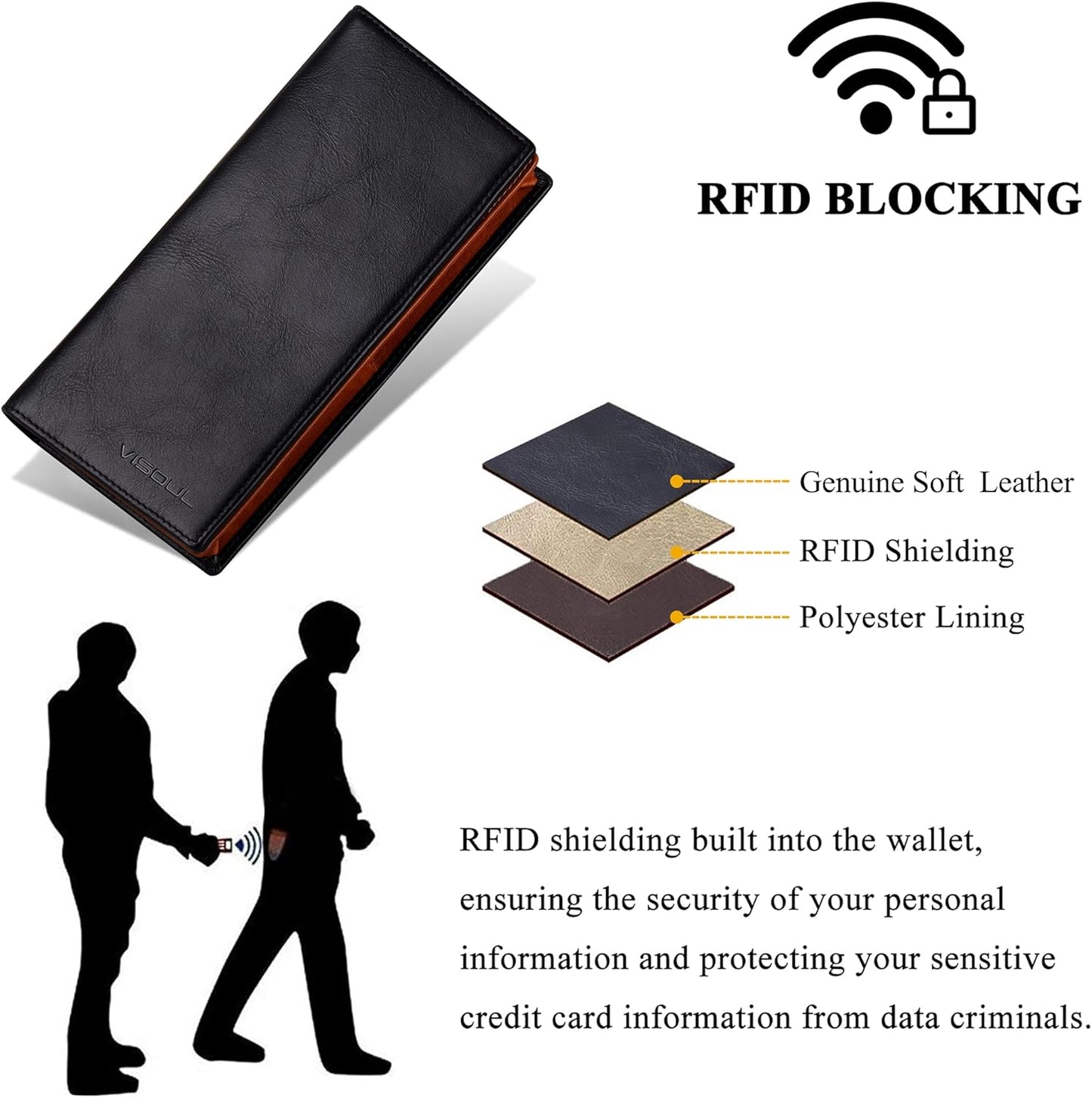 VISOUL Mens Leather Long Bi-fold Checkbook RFID Blocking Wallets, Breast Pocket Tall Billfold Secretary Wallet for Men with 12 Card Slots (Black and Orange)