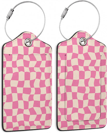 2 Pack Luggage Tag for Suitcase, Groovy Pink Checkerboard Leather Bag Tags Identifiers Privacy Cover ID Label with Durable Steel Loop for Women Men Kids Girls Travel