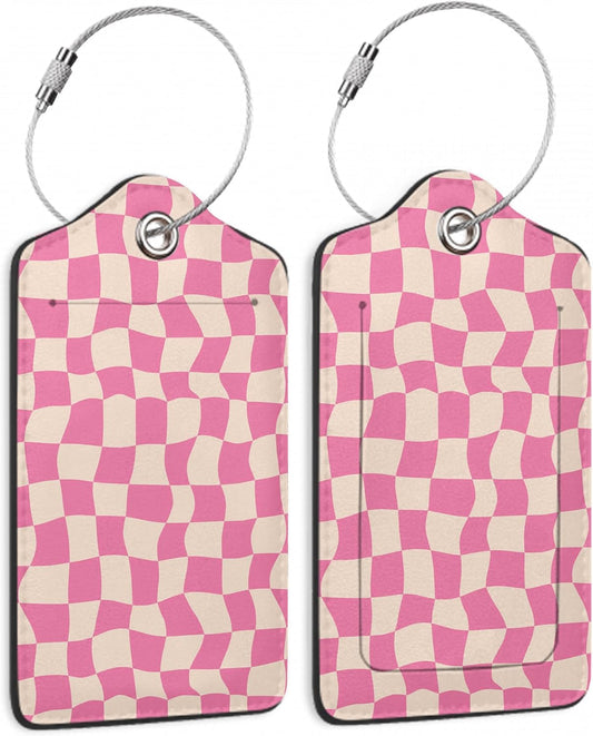 2 Pack Luggage Tag for Suitcase, Groovy Pink Checkerboard Leather Bag Tags Identifiers Privacy Cover ID Label with Durable Steel Loop for Women Men Kids Girls Travel