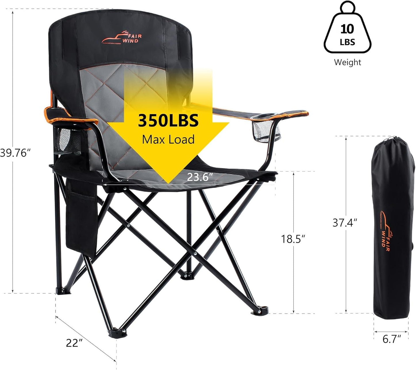 FAIR WIND Oversized Fully Padded Camping Chair, Heavy Duty Quad Fold Chair Arm Chair Support 350 LBS with Cup Holder, Collapsible Lumbar Back Chair Portable for Outdoor, Black