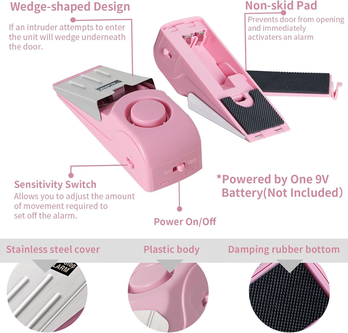 2 Pack Portable Door Stop Alarm, Door Stopper with 120db Loud Security Alarm, Travel Door, Doorstops Wedge Sensors Security Devices for Traveling Apartment Hotel and Home (Pink)