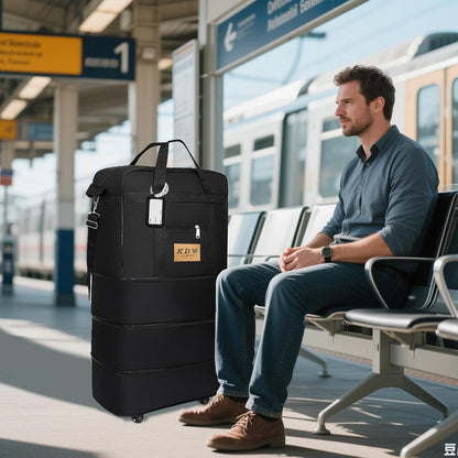 Foldable Travel Bag with Wheels, Extendable Tote Bag, Roller Expandable Luggage Compartment, Large Capacity Lightweight Luggage Bag, Waterproof for Men and Women(Black)