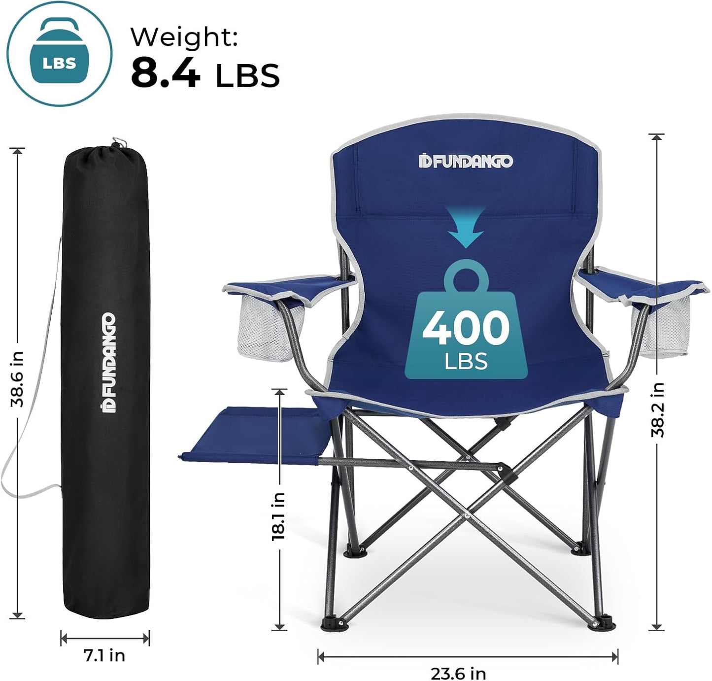 FUNDANGO Folding Camping Chair with Table, Portable Heavy Duty Outdoor Padded Chairs for Adults with Cup Holders for Lawn Beach Picnic Outside Travel (Blue)