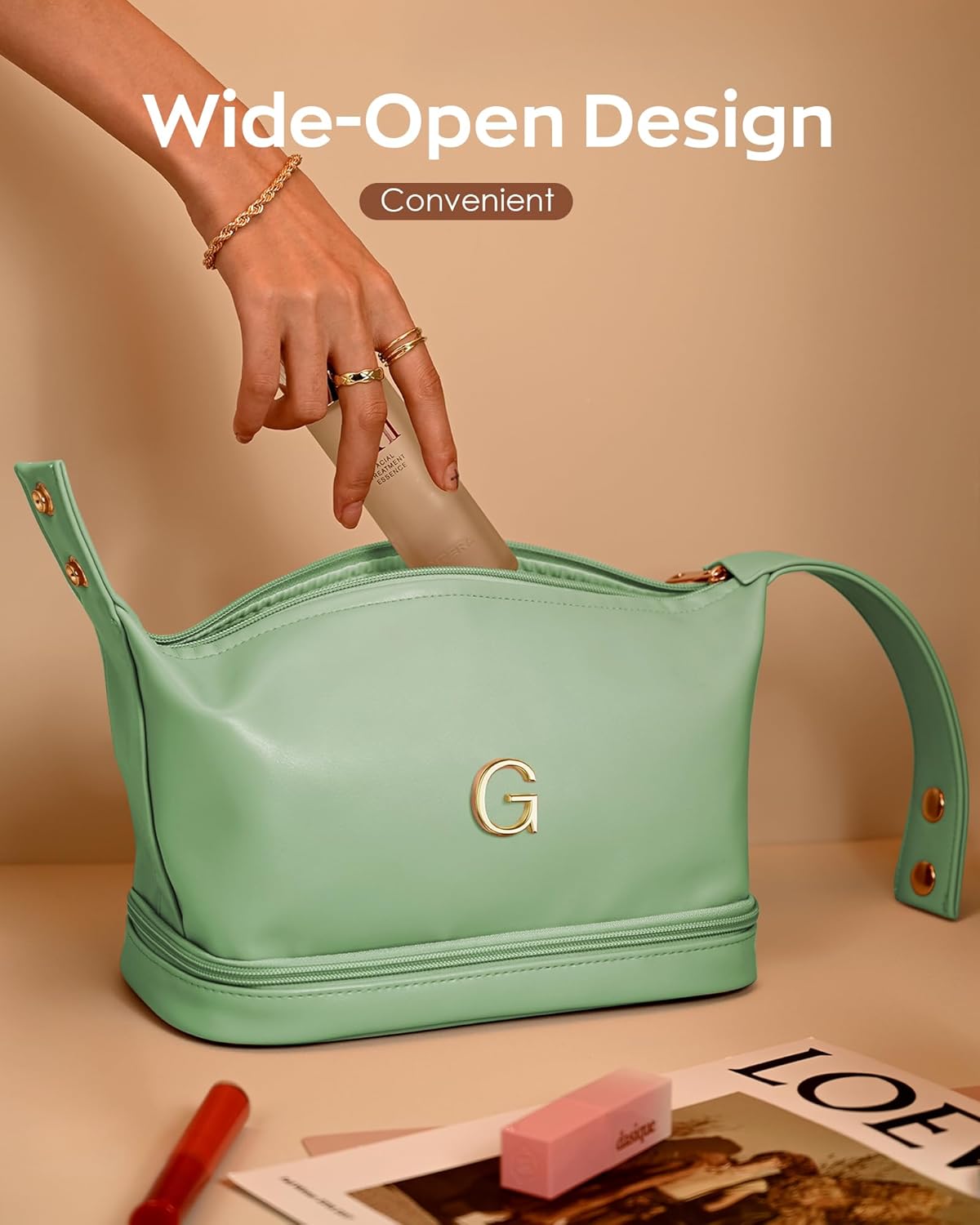 Gifts With Initials for Women, Personalized Makeup Bag with Handle, Initial Double Layer Cosmetic Bag with Makeup Brush Organizer, Cute Cosmetic Pouch for Women, Gifts for Friends Female