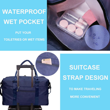 Travel Duffle Bag, Waterproof Sport Tote Gym Bag for Women Men, Overnight Weekender Carry On Bag with Wet Pocket