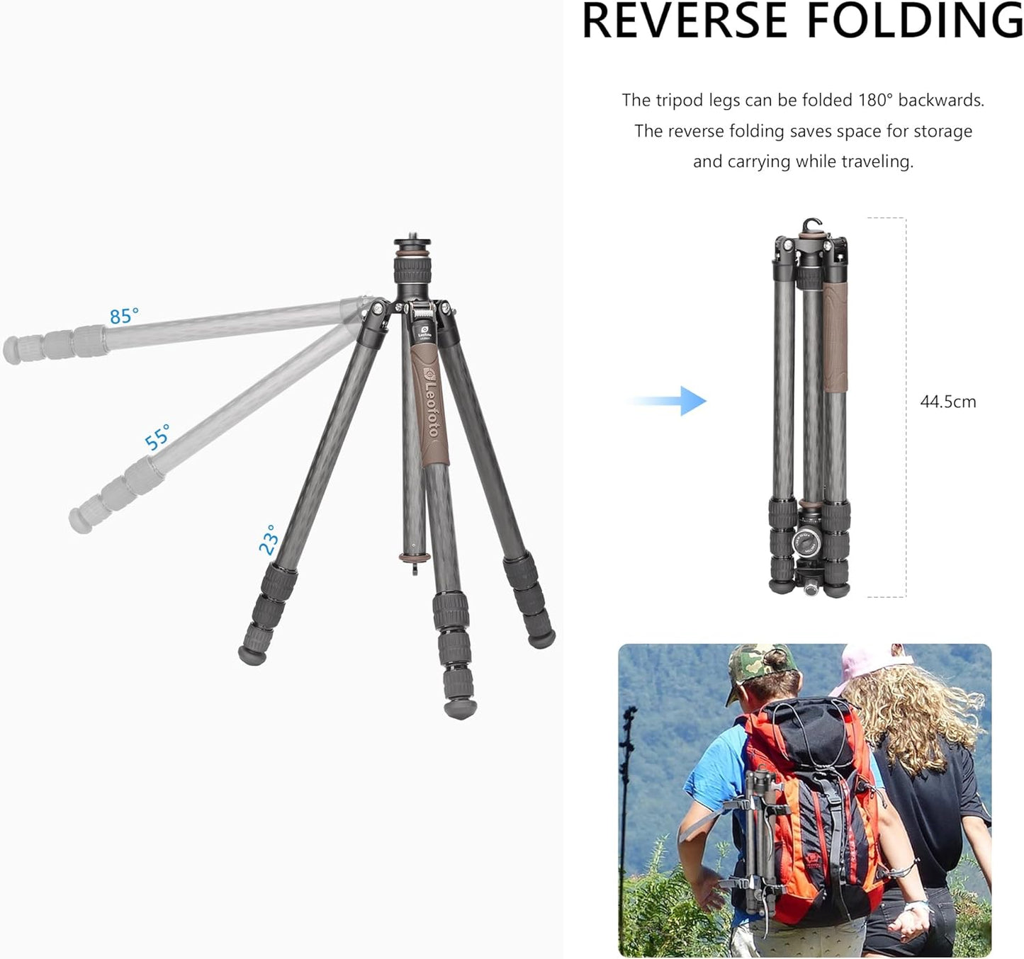 Compact Carbon Fiber Travel Camera Tripod with Ball Head, Reverse Folding Design, Maxload 8kg, Folded Height 450mm (LX-254CT+XB-32)