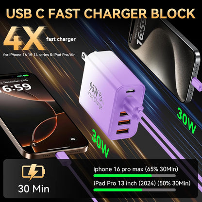 USB C Fast Charger Block, iPhone Charger Fast Charging Blocks 65W Multi Port Charger 6-Ports PD & QC Charging Cube Brick Power Adapter Type C Wall Chargers for iPhone 17/16/15/14/13/12 Pro Max, iPad