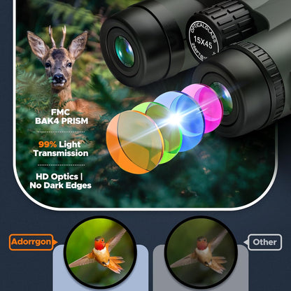 Adorrgon 15x45 HD Binoculars for Adults High Powered with Phone Adapter, Tripod and Tripod Adapter - Large View Binoculars with Clear Low Light Vision for Bird Watching Cruise Travel