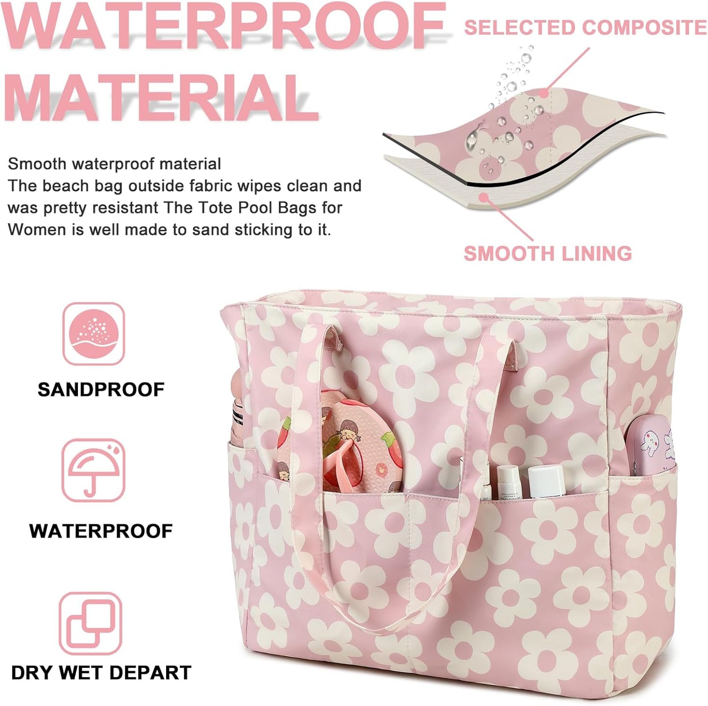 Waterproof Beach Tote Pool Bags for Women Ladies Extra Large Gym Tote Carry On Bag With Wet Compartment for Weekender Travel