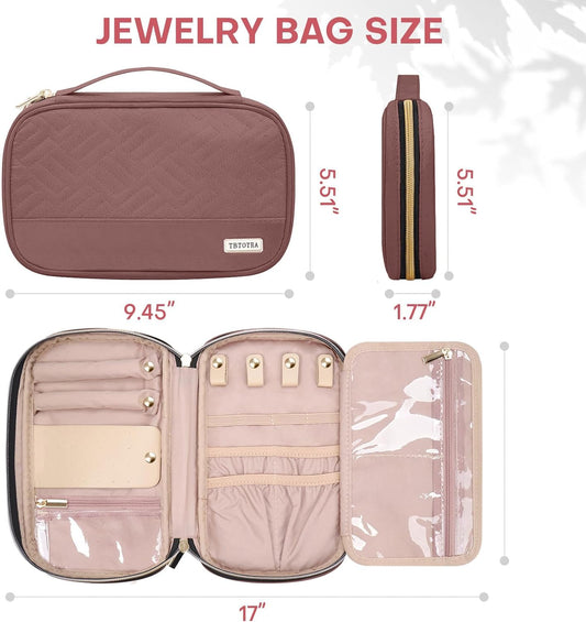 Jewelry Travel Case Organizer for Necklaces, Earrings, Rings, Bracelet, Watch, Soft Sided, Red Sandalwood