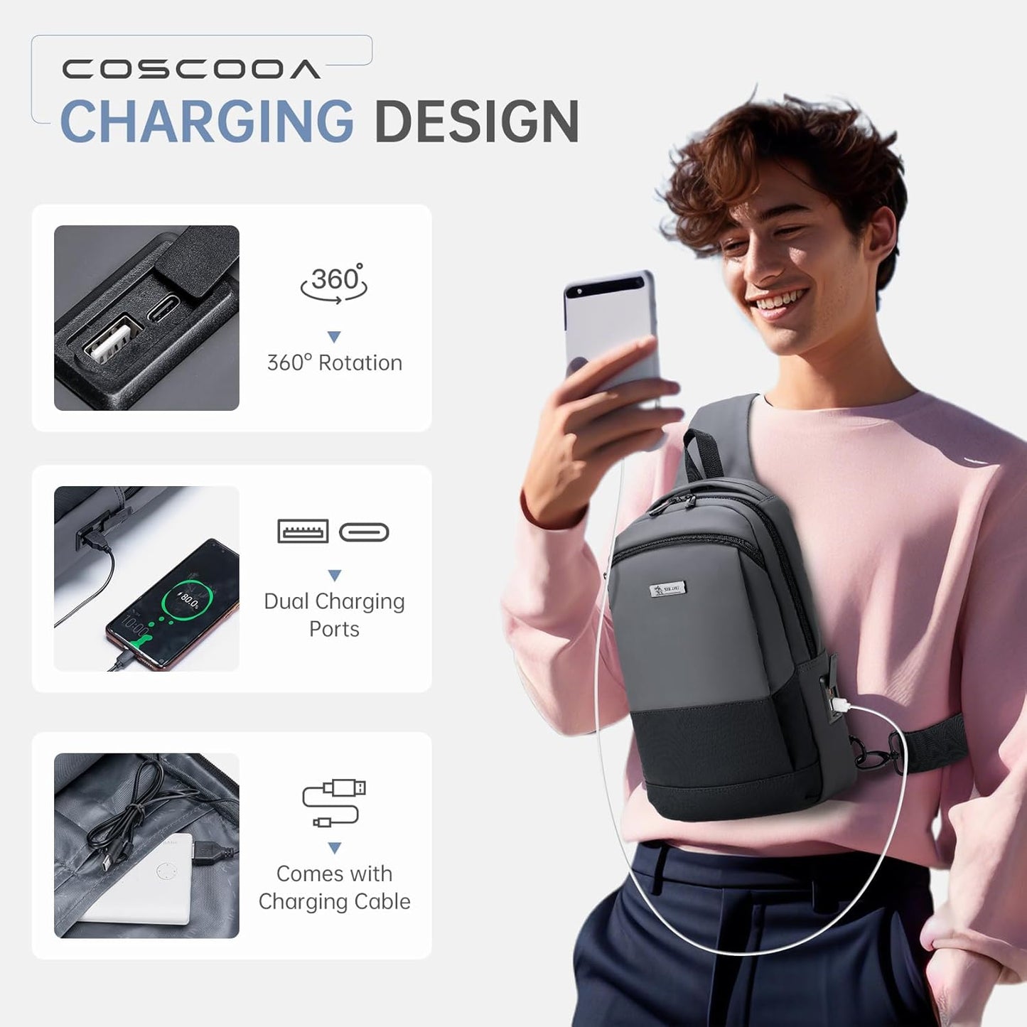 Sling Bag for Men, Anti-theft Crossbody Bag with USB Charging Port, PU Leather Shoulder Bag for Women Travel Outdoor Casual Sports Daypacks