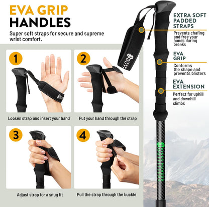 100% Carbon Fiber Trekking Poles by USA Brand - Ultra Strong Lightweight Collapsible Hiking Poles with Cork and EVA Foam Grips & Quick Adjustable Flip Locks