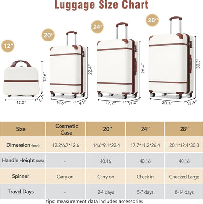 Merax Luggage Set 3 Piece Suitcase Set with Cosmetic Case Expandable Spinner Wheels Vintage Luggage Sets(White,20"+24"+28")