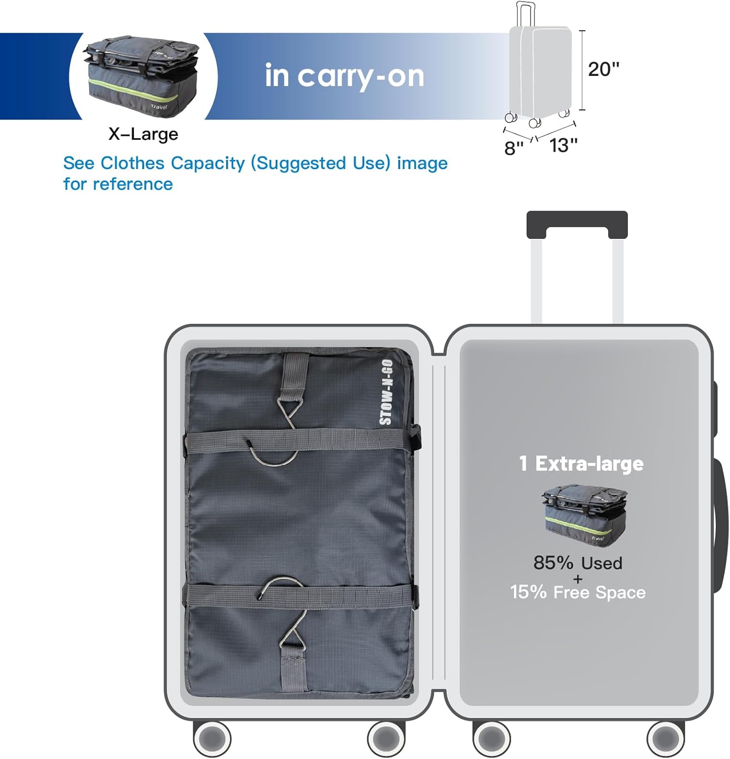 Stow-N-Go Portable Hanging Travel Shelves, Packing Organizer for Luggage. Carry on Closet for Clothes. Expandable Packing Cube. Travel Essentials. Dak Gray - XL