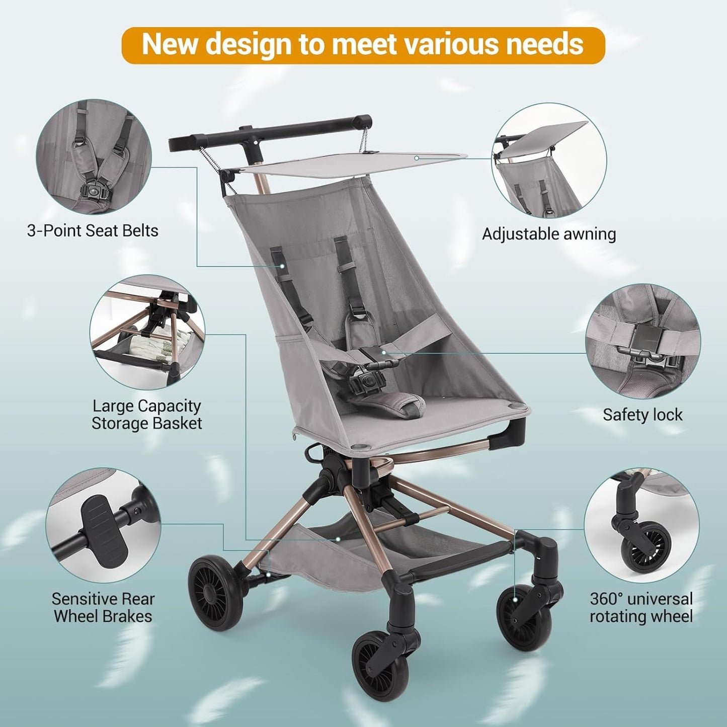 Jojoka Lightweight Stroller for Airplane,Compact Strollers for Travel,Foldable Toddler Pushchair with Carry Bag, Storage Basket, Rear Brakes, Adjustable Awning(Grey)