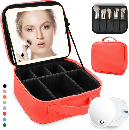 Travel Makeup Bag for Makeup Artists Large Makeup Case,with Mirror 3 Color Setting and Detachable 10x Magnifying Mirror Travel Makeup Bag,Portable Storage and Adjustable Dividers（red）