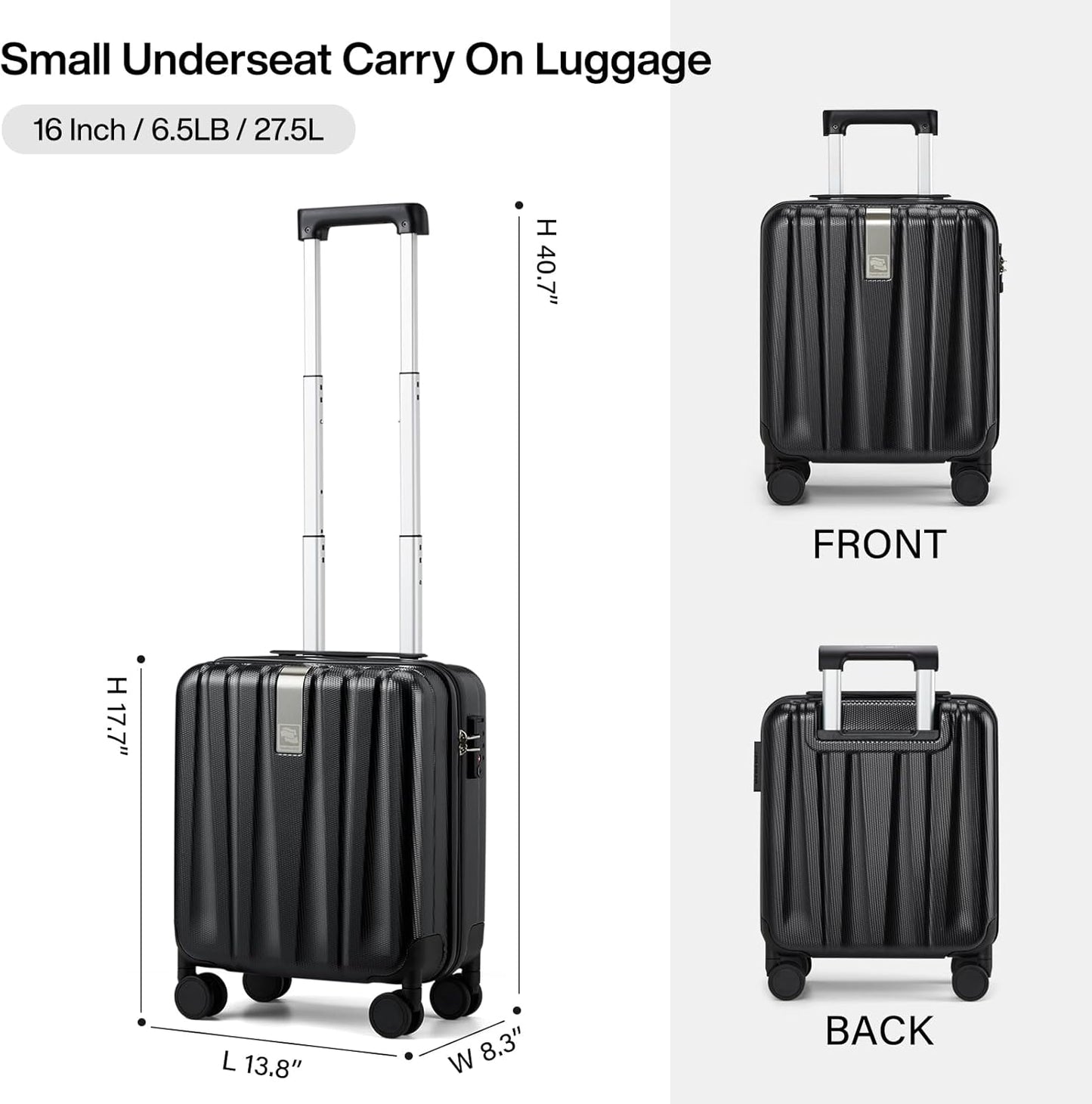 Hanke 16 Inch Underseat Carry on Suitcases with Wheels,Lightweight Hard Shell Carry on Luggage for Weekender,Travel Approved Small Suitcase,Travel Luggage for Womem Men,Jet Black.
