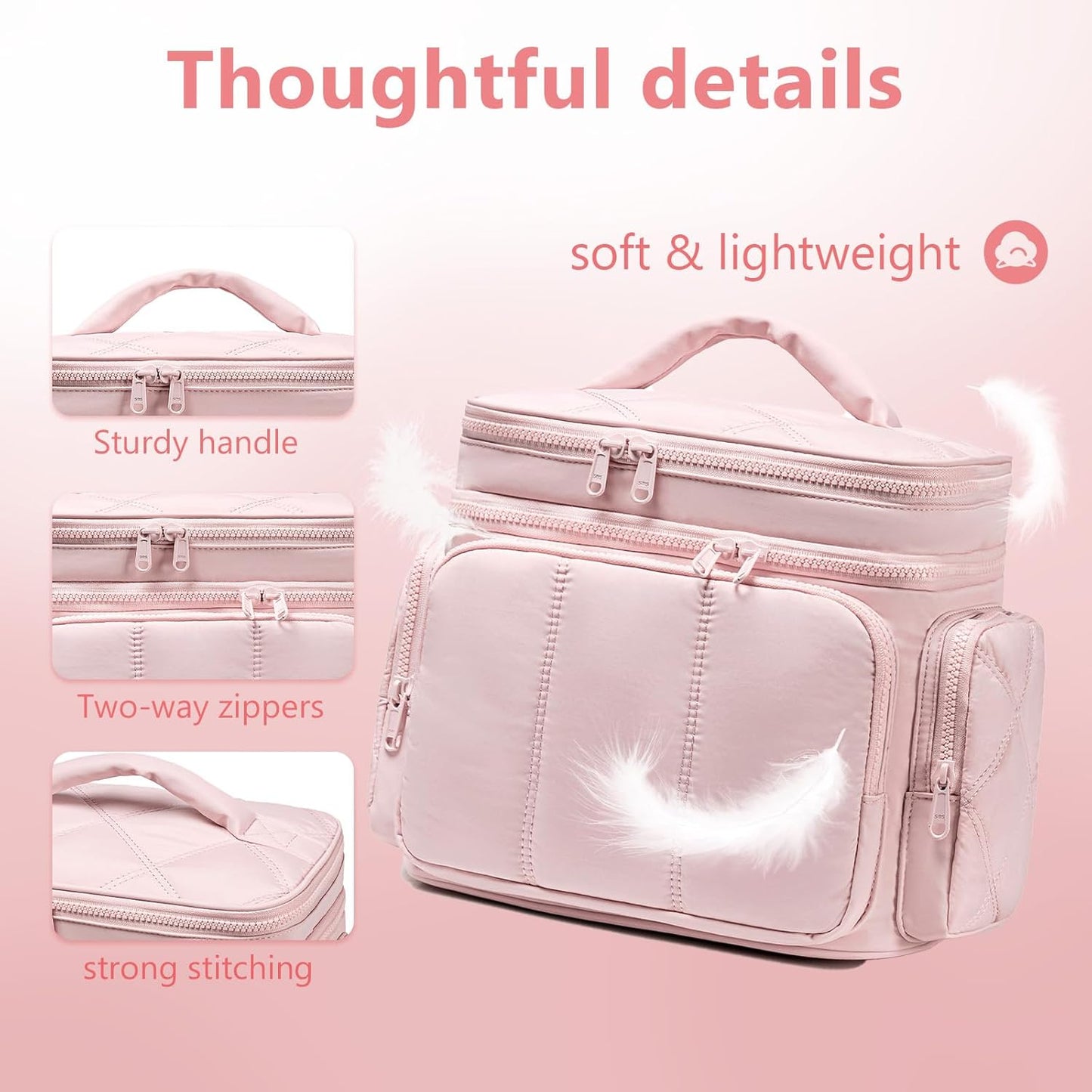 LEDAOU Toiletry Bag for Women,Quilted Travel Makeup Bag Organizer with Double Deck, Large Wide-open Cosmetic Make up Bag for Travel Essentials (Pink Puffy)