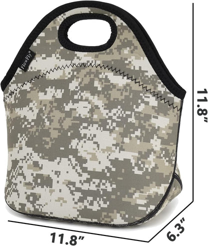 FlowFly Neoprene Lunch Tote Insulated Thermal Reusable Lunch Bag Box for Boys Men with Zipper (Digital Camo)