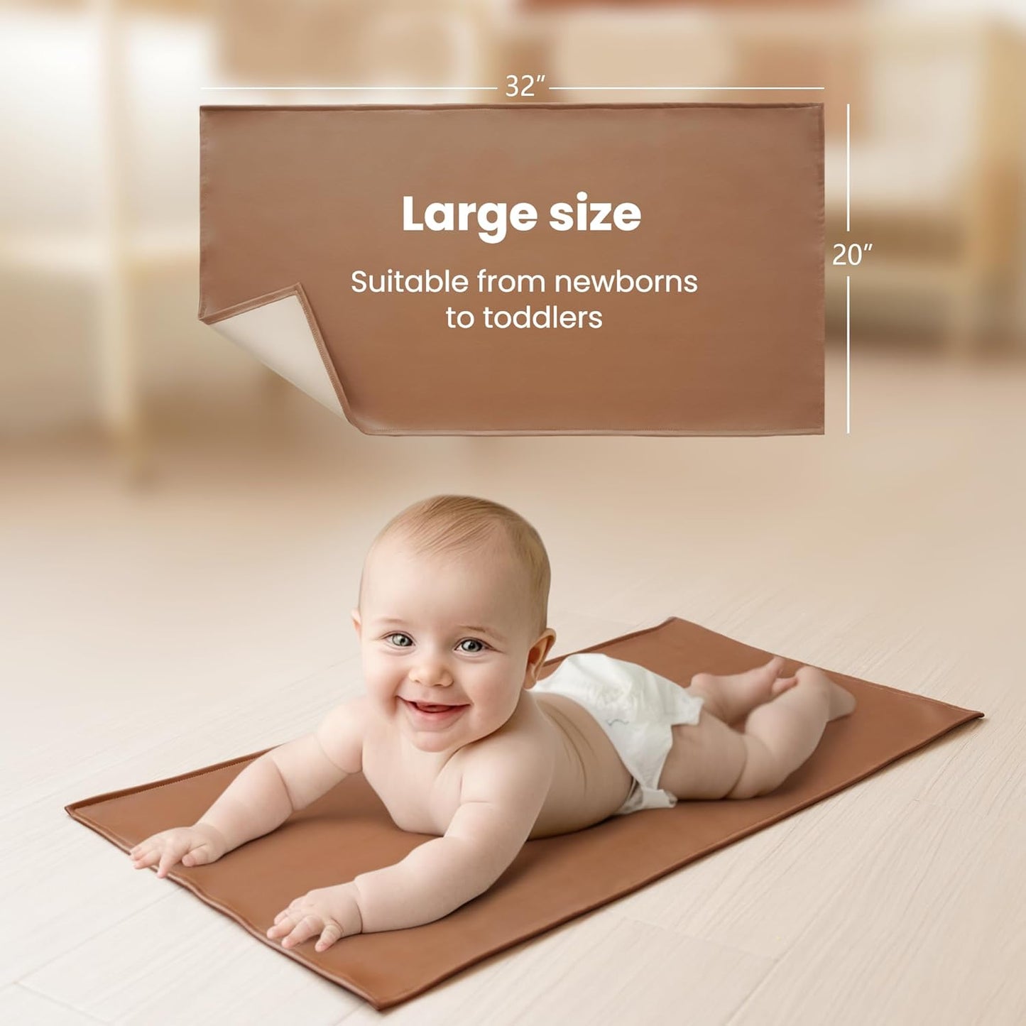 Konssy Faux Leather Baby Changing Mat, Waterproof, Wipeable & Portable Diaper Changing Pad for Travel or Home, Fits Perfectly in Diaper Bag, 32 x 20 inches (Blush,Beige)